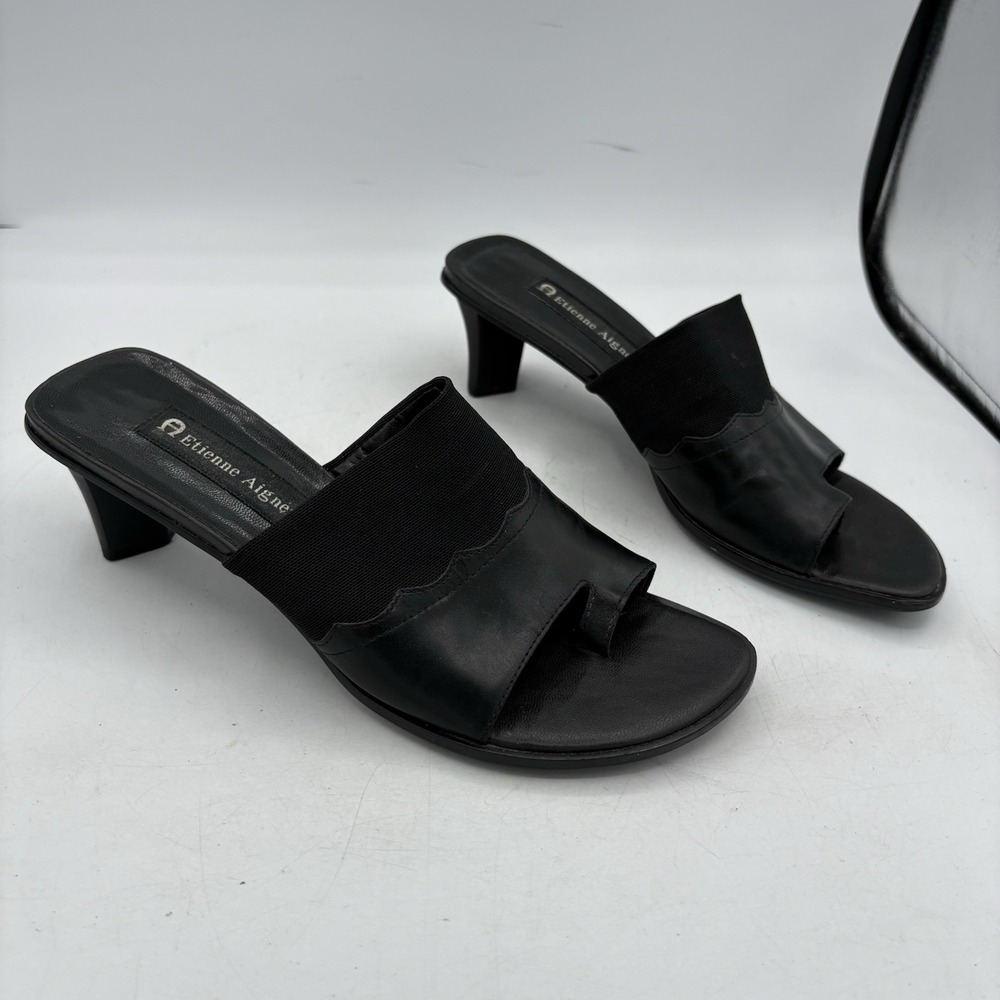 Etienne Aigner Shoes Womens Size 7 M Edna Black Leather Slip On Block Mule Heels